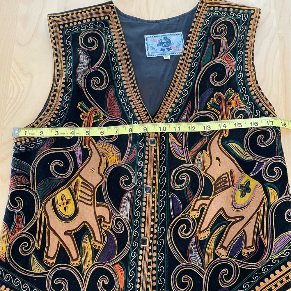 VTG Pabst Blue Ribbon Velvet Vest XXL Black Elephant Print V Neck Button Down - Picture 11 of 12